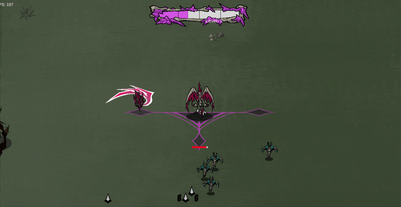 Gif showing gameplay, moving around, attacking enemies, getting new crystals