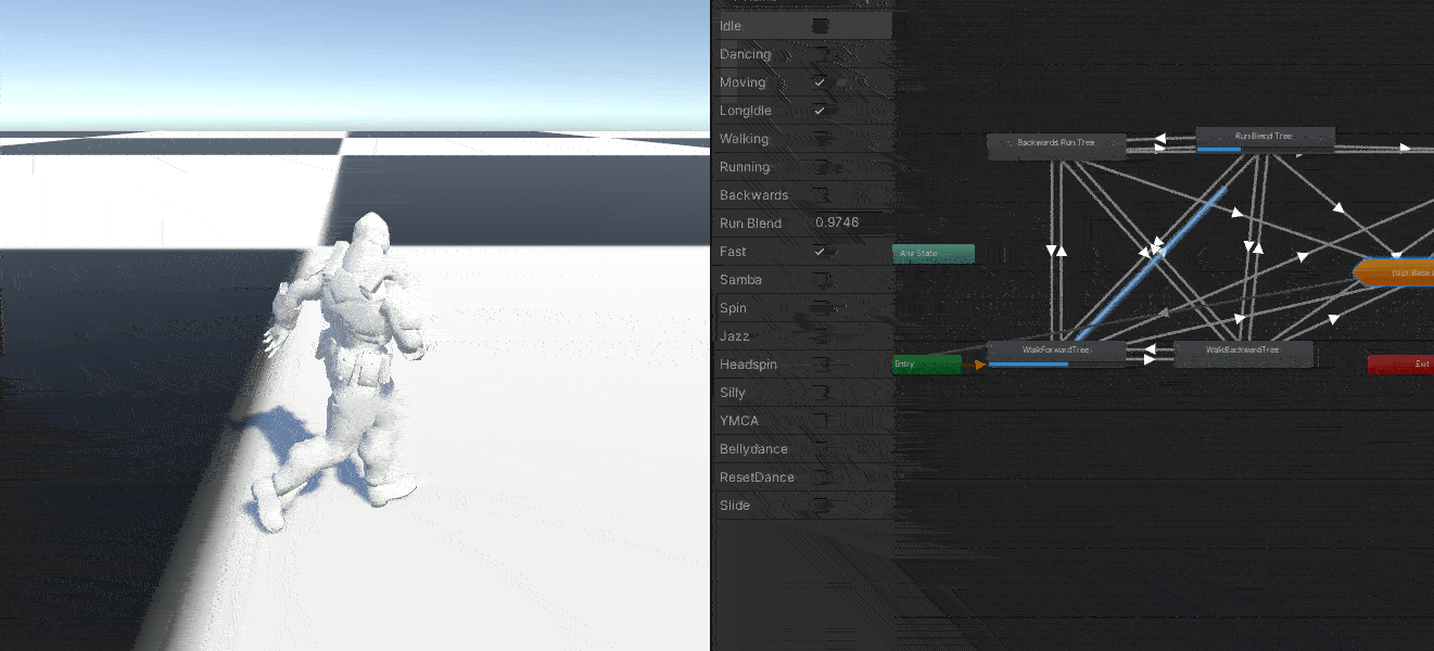 Player character moving around the map with the animator on to the right.
