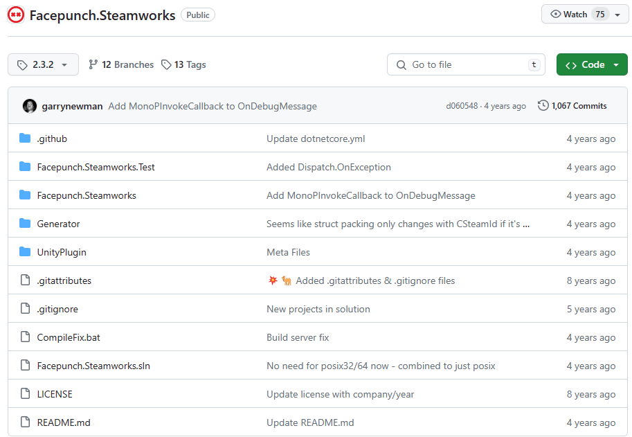 Screenshot showing the Facepunch.Steamworks GitHub page