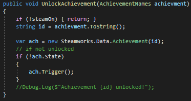 Base code for unlocking an achievment through Facepunch.Steamworks with some small checks.